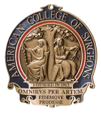 Emblem of the American College of Surgeons featuring two classical figures, one holding a staff, surrounded by the organization's name and motto in gold and red, often recognized by the best Beverly Hills plastic